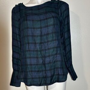 LOFT Plaid Long-Sleeve Blouse in Navy and Forest Green